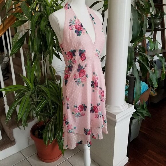 19 COOPER Small Pink Floral Mini Dress V Neck Sleeveless Fit & Flare Halter NWT - Picture 4 of 7